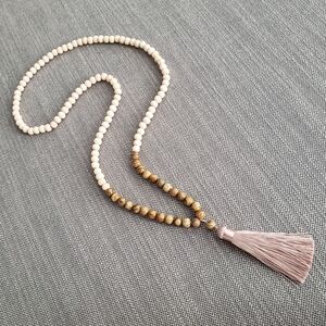 NWOT natural stone and wood-bead tassel Mala necklace